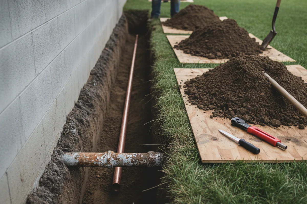 Excavated water line trench during Sewer Line Repair in Sneads